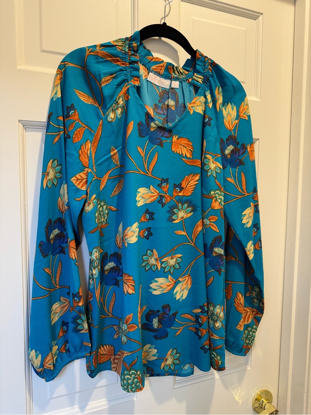 Belle by Kim Gravel Teal Floral Blouse with Orange and Navy Accents